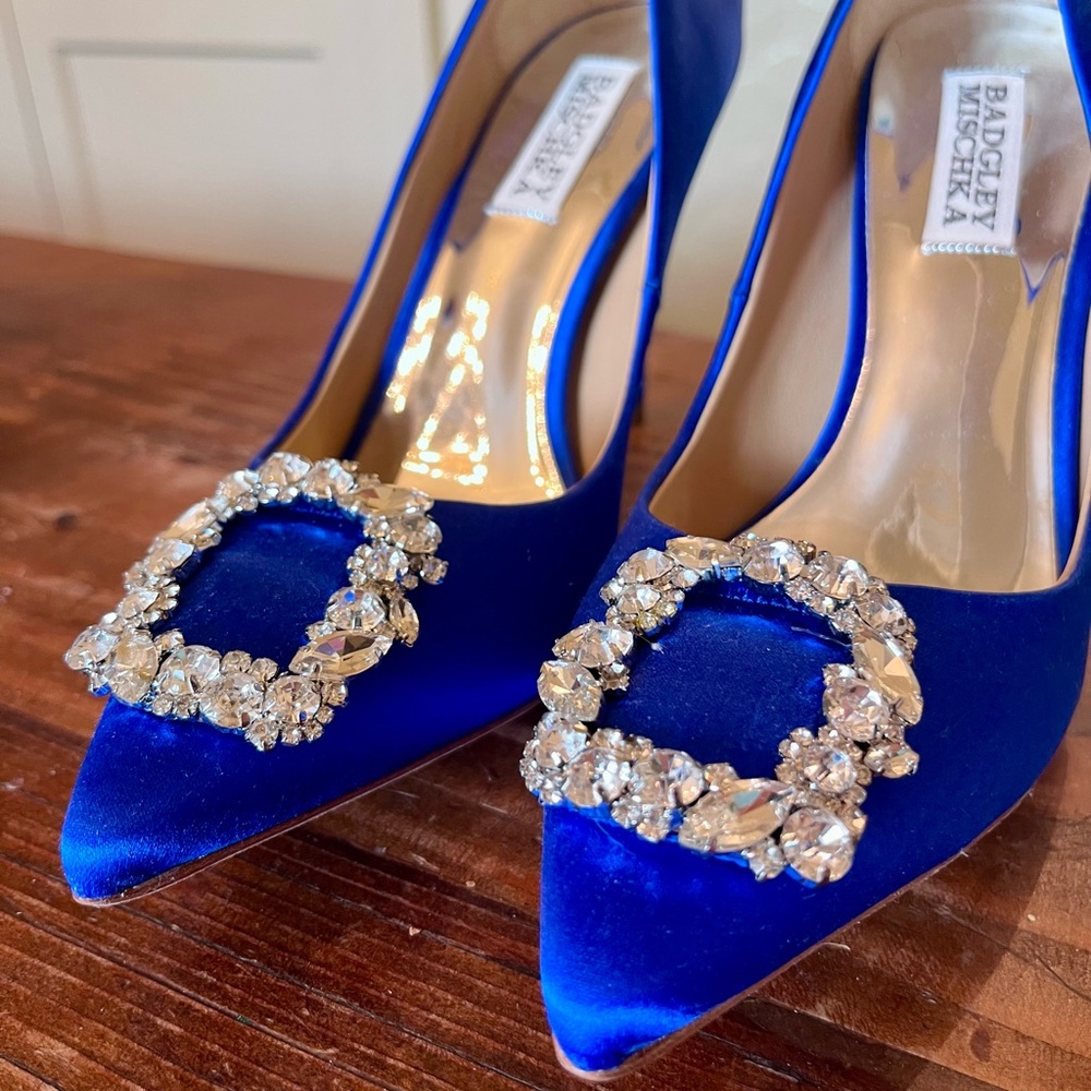 Badgley Mischka Blue Satin Heels with Crystal Embellishments